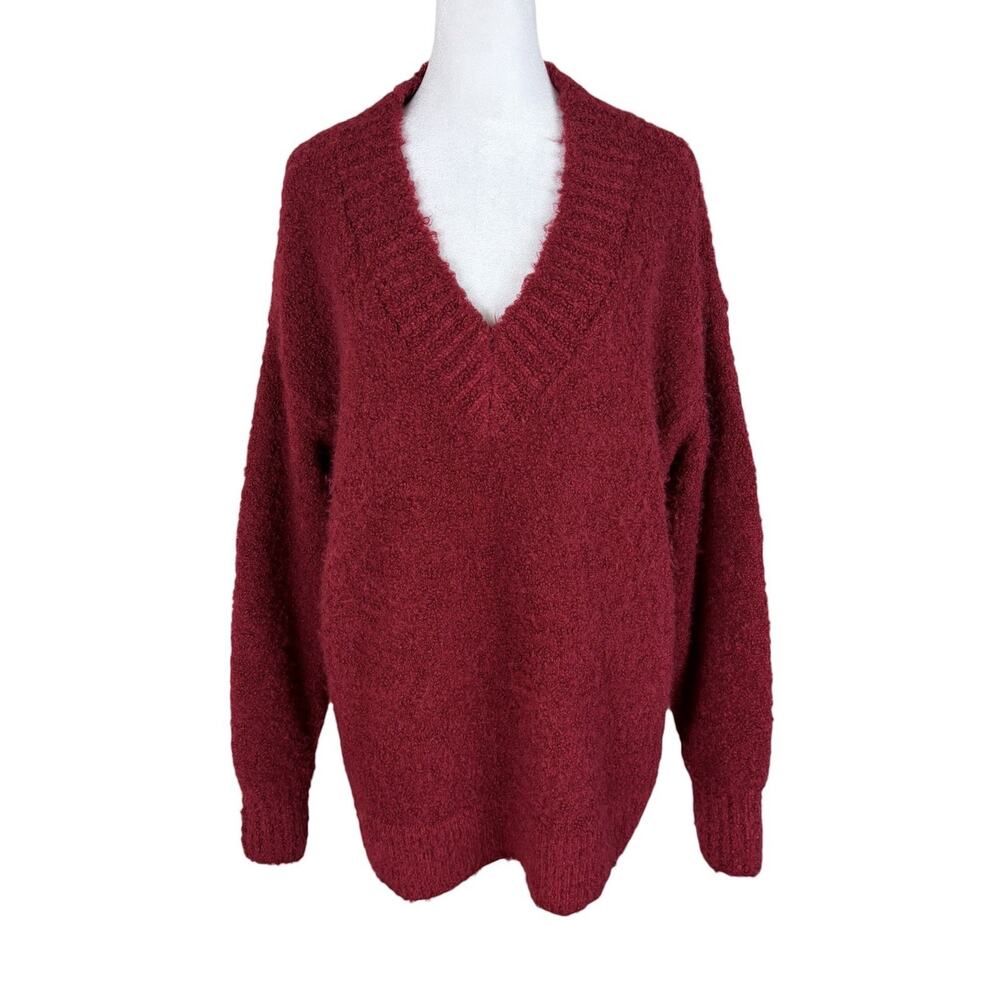 Aerie Red Fuzzy Oversized V-Neck Sweater Red Cozy Wool Blend Knit Size Small - Picture 2 of 8